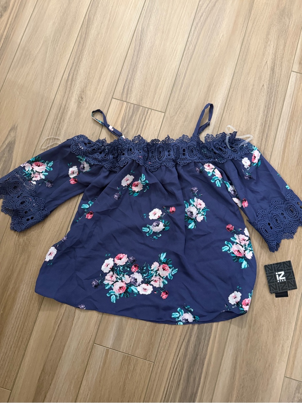 Iz Byer Navy Floral Off-Shoulder Camisole with Lace Trim